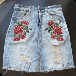 Zara Light Blue Denim Skirt with Red Floral Design